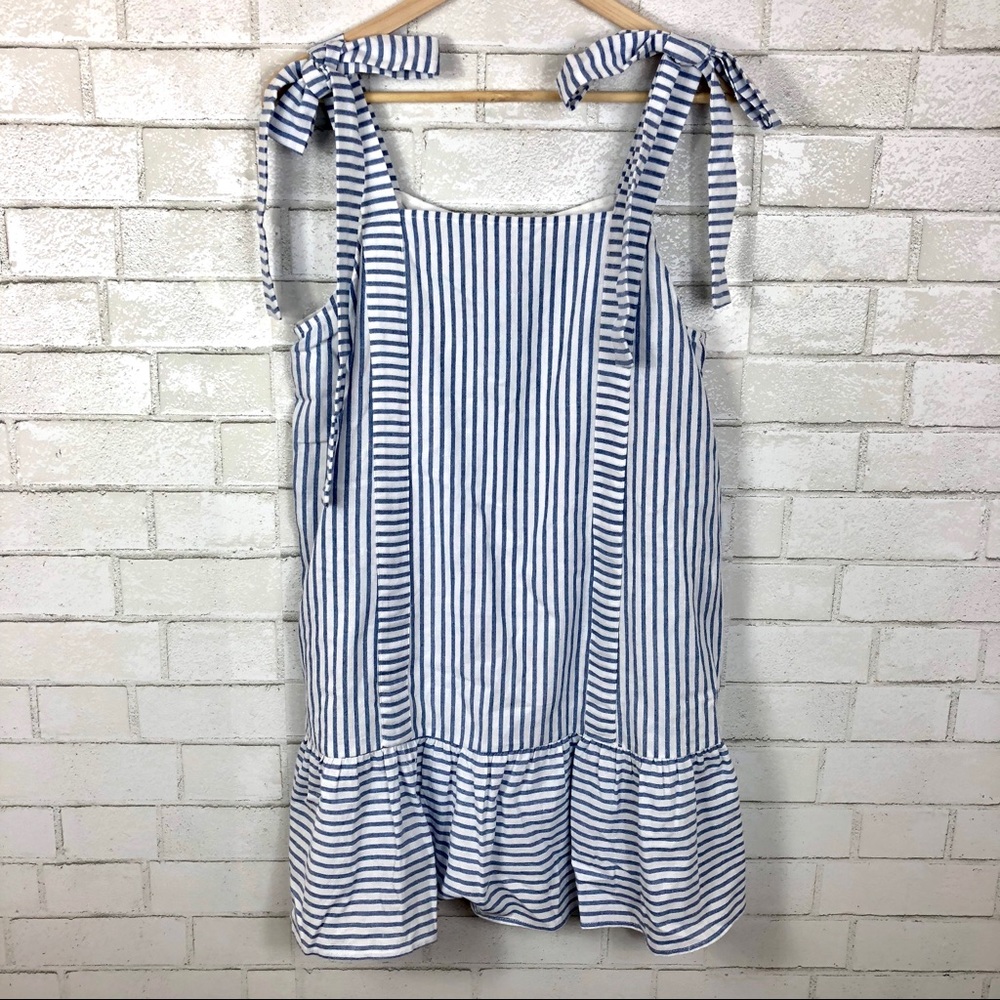 Entro Pinstripe Dress, Tie Sleeves Ruffle Hem